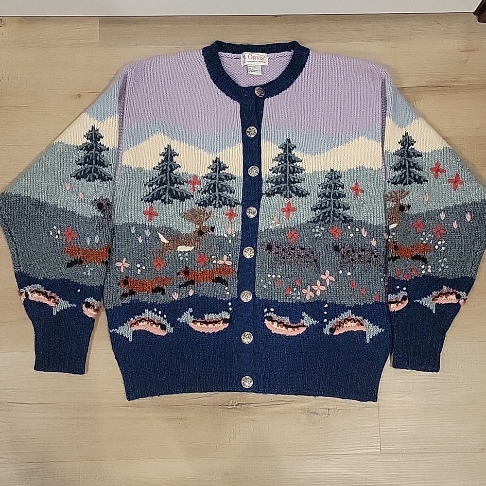 VINTAGE Orvis Lavender, Navy & Cream Woodland Moose and Fox Knit Cardigan